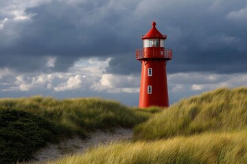 Red lighthouse stands amidst dunes under cloudy skies
