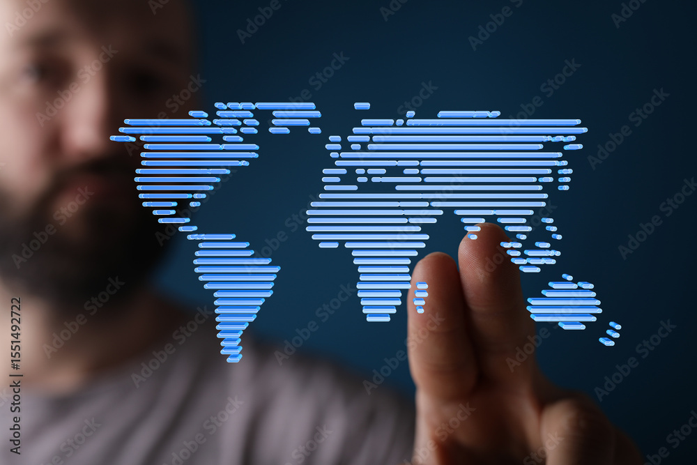 Poster Man interacts with digital world map, illustrating global connectivity and technology.