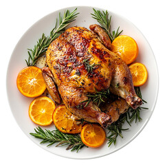 Homemade baked duck. Crispy whole roast duck with rosemary and oranges isolated on a white background