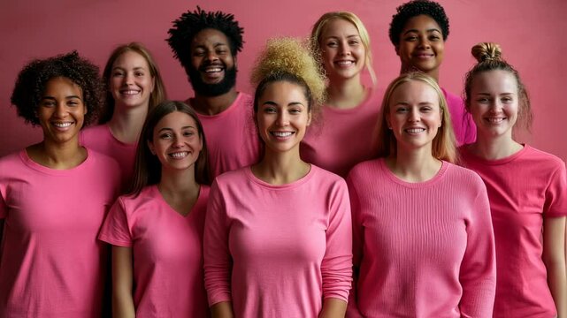Diverse group of people wearing pink for breast cancer awareness solidarity support