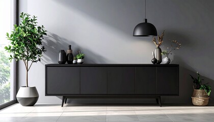 Floating black sideboard with seamless matte panels, hovering over neutral flooring and balanced by soft shadows. 
