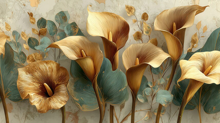 Golden calla lilies and leaves create an elegant abstract wall mural on a soft beige backdrop