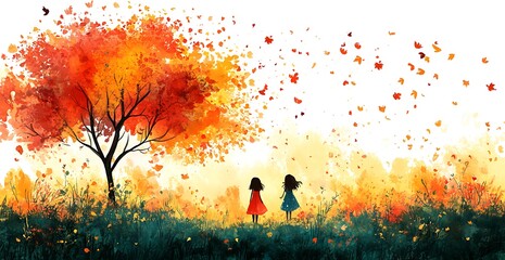 Fototapeta premium Autumn Whirl: Two Girls Beneath the Tree