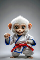Anthropomorphic monkey martial artist with expressive eyes wearing a red belt, posed in dynamic fighting stance