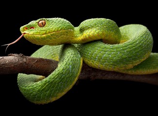 A green snake slithering on the branch, isolated against a black background with copy space. The coiled yellow and red pit viper's rough scales shimmer in the sunlight. This creature has an elegant 