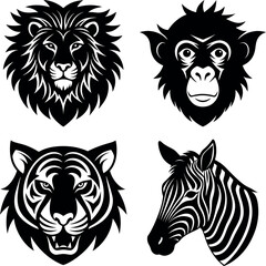 Obraz premium Animal head silhouettes on lion, monkey, tiger, and zebra