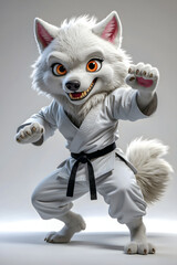 Anthropomorphic white wolf wearing a traditional white karate gi performing martial arts pose on neutral background