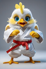 Anthropomorphic white chick dressed in traditional martial arts gi with red belt, striking a focused karate pose on grey background