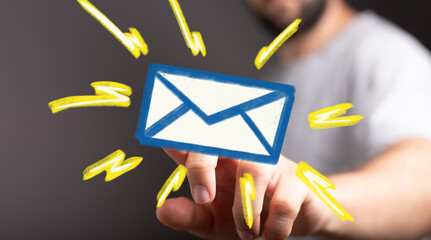 Fast email notification concept. Hand holding digital email icon with bright, dynamic energy bolts.