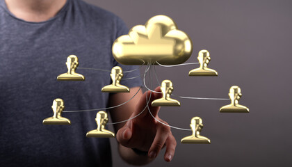 Image of a gold cloud connected to multiple gold user icons, representing secure cloud computing...