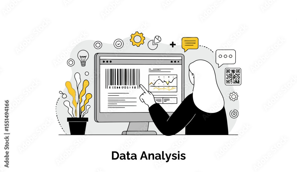 Poster female data analyst in business attire reviewing data on a computer screen with graphs and charts in