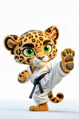 Cute anthropomorphic cartoon leopard cub performing a dynamic karate kick in a white gi with a black belt on a plain background
