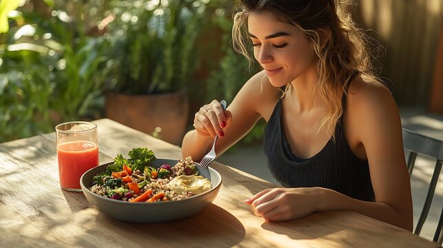 Healthy Eating: Woman Enjoying a Delicious and Nutritious Quinoa Bowl Outdoors