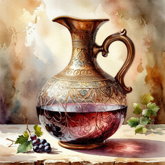 An elegant glass jug for water and wine and a bunch of grapes. Watercolor illustration. A hand-painted jug against a stone wall. Sunny light, Spanish villa. The theme of winemaking and a cozy home
