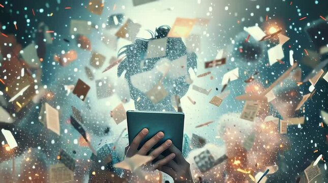 powerful visual metaphor of social media addiction, with a young woman's head bursting open from the pressure of excessive information.information illustrated by a young woman's brain exploding .