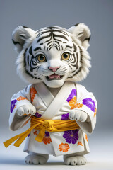 Adorable White Tiger Cub Wearing Traditional Japanese Kimono with Floral Patterns in a Whimsical Illustration