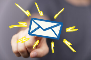Graphic of a hand interacting with an email icon, signifying new messages or email correspondence.