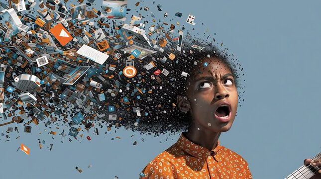 powerful visual metaphor of social media addiction, with a young woman's head bursting open from the pressure of excessive information.information illustrated by a young woman's brain exploding .