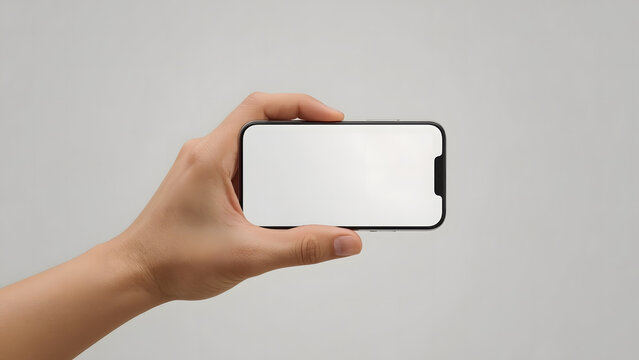 A person's hand holding a smartphone with a blank, bright screen.