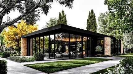 Fototapeta premium Modern Glass Pavilion House Design Luxury Architecture in Lush Greenery
