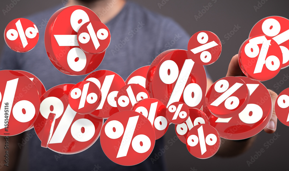 Poster 3D render of red percentage symbols floating in a hand, ideal for discount and sale concepts.