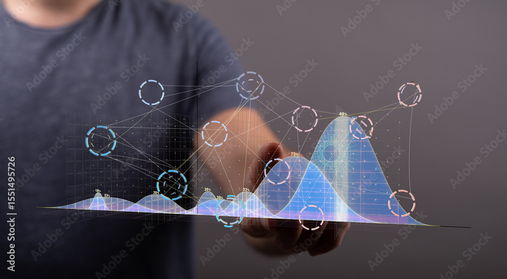 Poster Interactive data visualization graph.  Business analytics, growth charts, data analysis, digital technology.