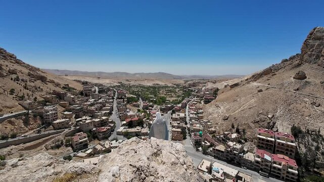 Panoramic View of a Town Between Rocky Hills Maaloula Syria.