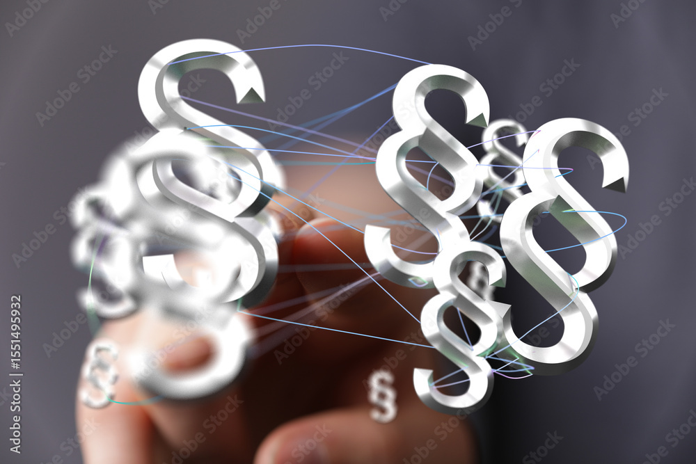 Poster abstract image of interconnected paragraph symbols, representing legal networks and connections.