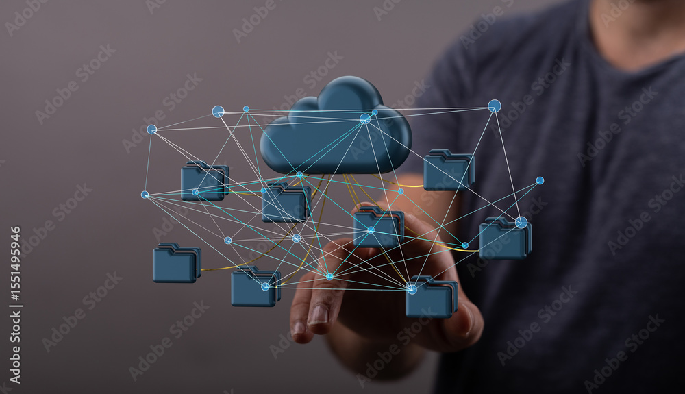 Fototapete Image depicts a person interacting with a cloud storage network, showcasing secure file sharing and data management.