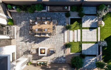 3D rendering of a modern patio with paver hardscapes and outdoor furniture, top view, high-angle shot, backyard garden design, stone walkway, fire pit in the center, home exterior architecture, 