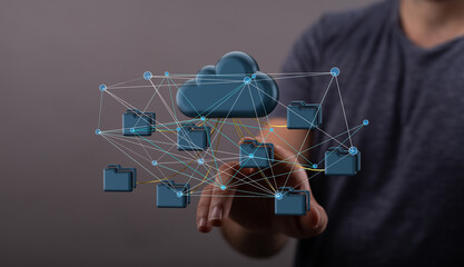 Image depicts a person interacting with a cloud storage network, showcasing secure file sharing and...