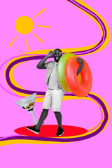 Zine image 3d poster collage of happy man stand martini glass pub cocktail hold lifebuoy summer...