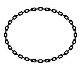 Minimalist black chain oval frame with geometric round links looping continuously. Isolated on white, bold contrast. Symbolizes strength and order, clean vector illustration.