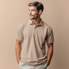 Obraz premium Beige polo shirt mockup. Handsome male model posing in sand polo t-shirt. Blank short sleeve polo tshirt template 