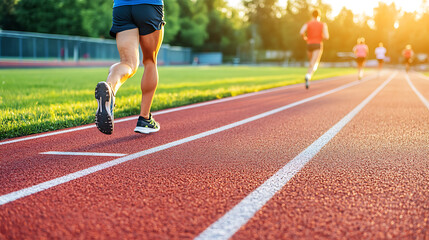 Obraz premium Athletes running on track at sunset, training for competition