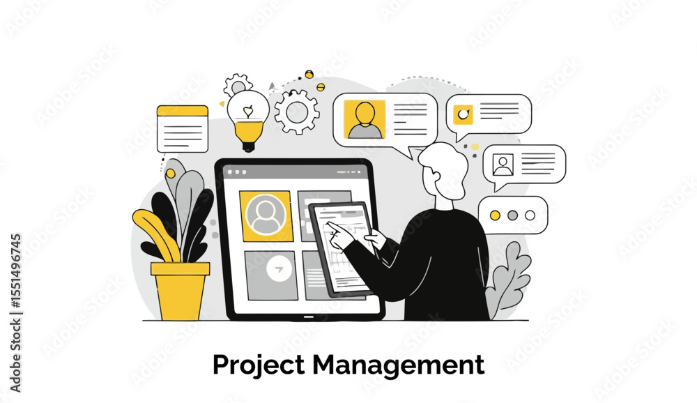 Poster Project Management Professional reviewing project details on a digital interface with various project elements displayed.