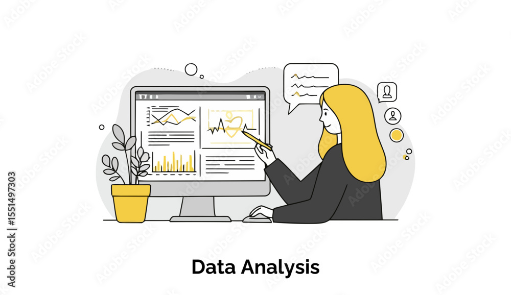 Poster female data analyst reviewing financial data on a computer screen in an office setting. analyzing gr