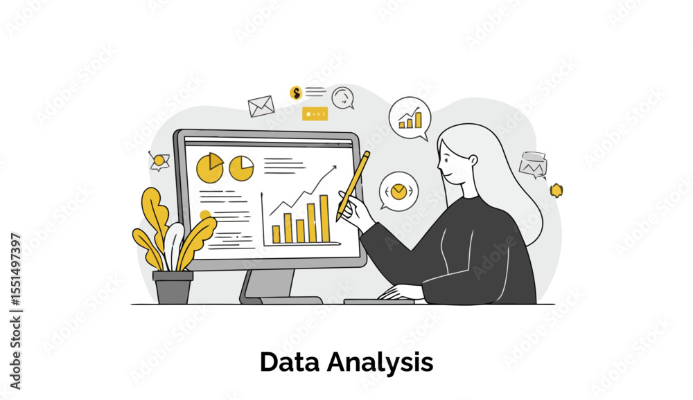 Poster female data analyst reviewing charts on computer screen in office setting. presenting data with a pe