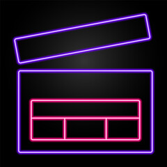 clip clapper neon sign, modern glowing banner design, colorful modern design trends on black background. Vector illustration.