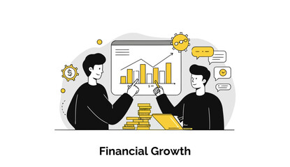 Two male colleagues in black casual wear discussing financial growth with a presentation at a modern office. Businessmen analyzing financial reports together in a meeting room.