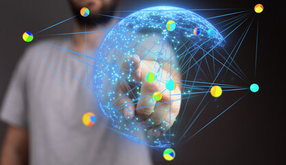 Person interacting with a digital globe, showcasing global network connections and data...