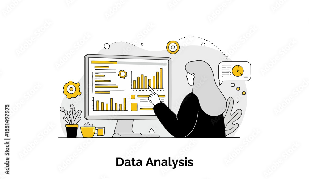 Fototapete Female data analyst reviewing data visualization on computer screen in office setting. Presenting and analyzing data with charts and graphs.