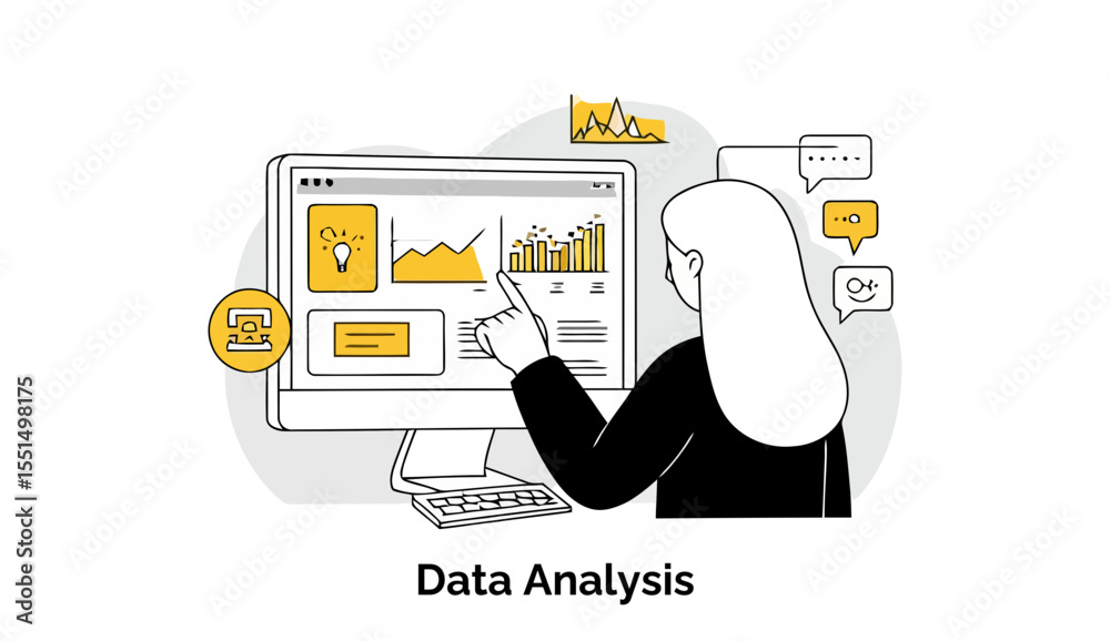 Poster female data analyst reviewing data on a computer screen in a modern office setting. focused on compu