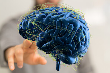 3D rendering of a human brain with neural connections.  Perfect for technology, AI, or neuroscience.