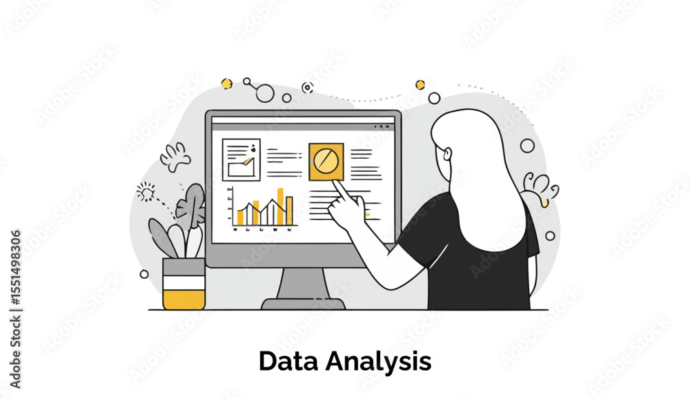 Poster female data analyst reviewing data on computer screen in office setting. woman pointing at data grap