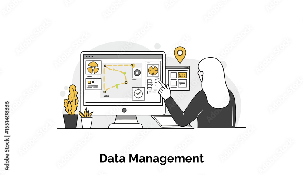 Poster female professional analyzing data on a computer in a modern office setting. focused on screen inter