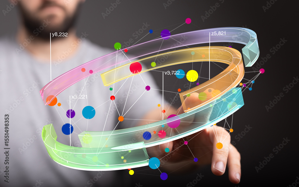 Poster Abstract image of a person interacting with a futuristic data visualization interface.