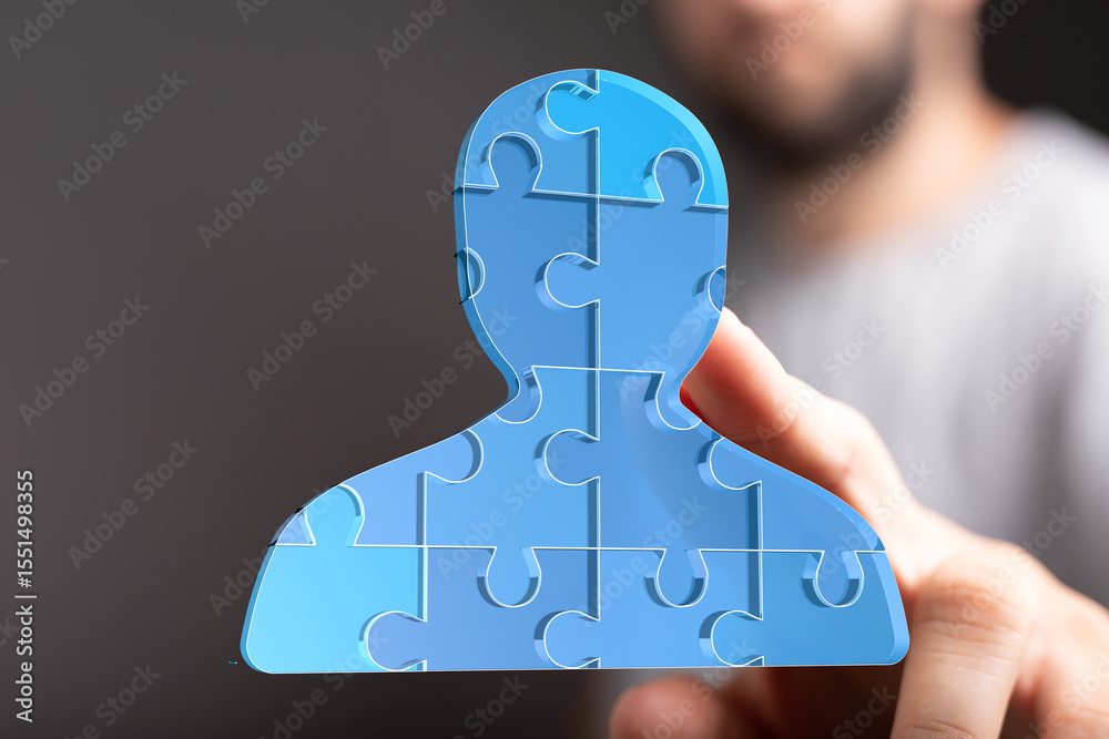 Poster abstract image of a person made of puzzle pieces, symbolizing teamwork and collaboration.