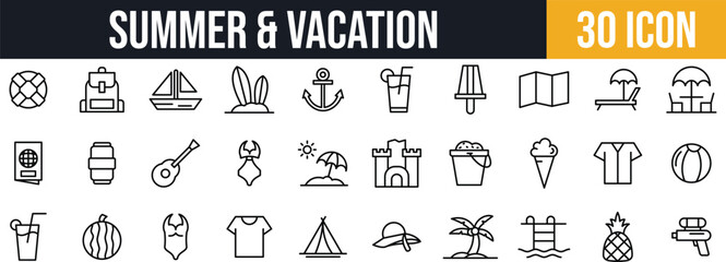 Summer Vacation & Travel Icon Set. Beach, Holiday, Ice Cream, and outdoor line icon set.