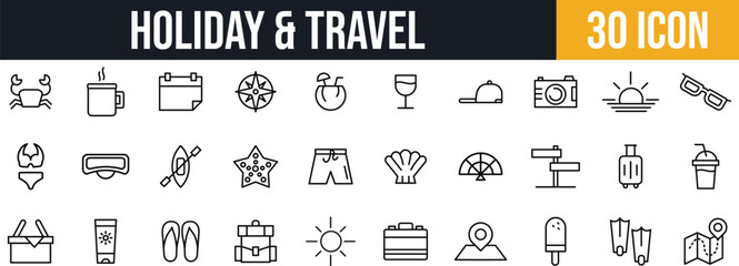 Summer Holiday & Travel Essentials Icons set. Beachwear, Drinks, Navigation, and vacation line icon set.